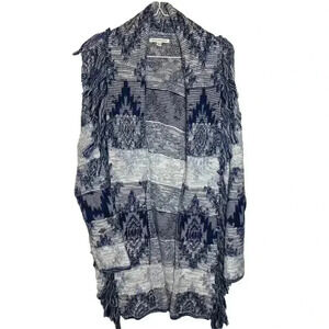 American Eagle Cotton Blue & White Open Fringe Cardigan Sweater Women's Medium